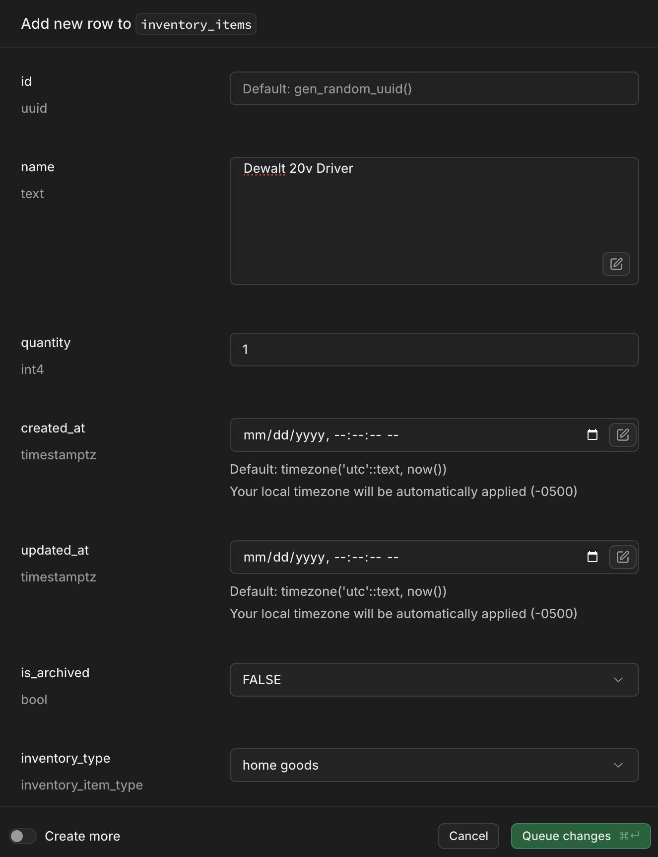 Inserting data in the Supabase dashboard