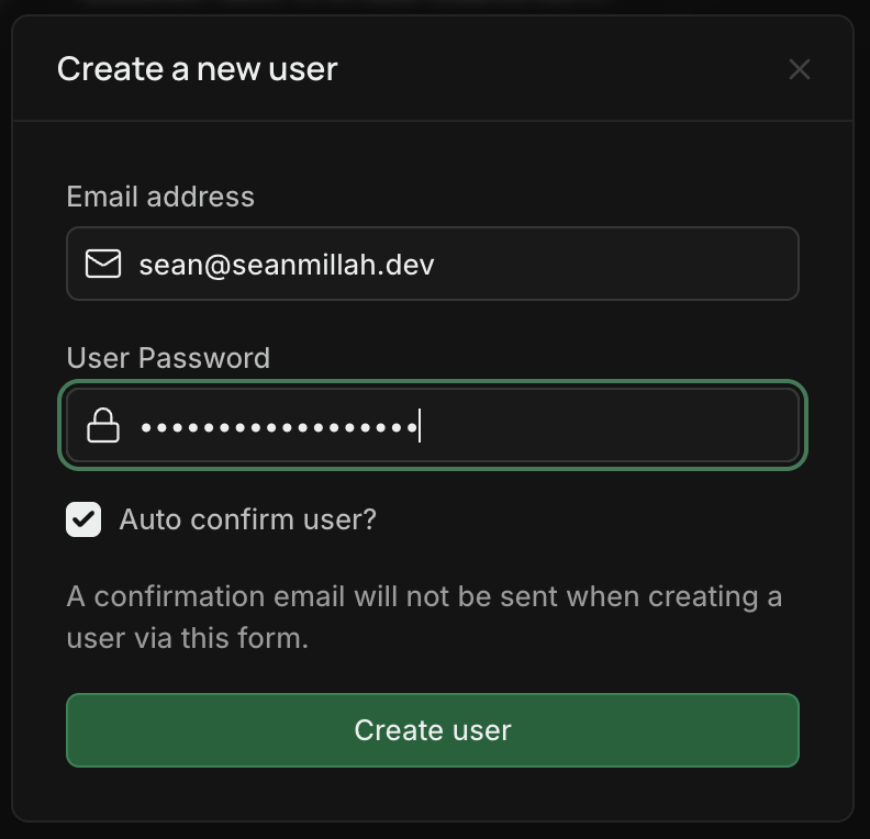 Creating a user in Supabase